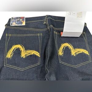 Vtg Evisu seldvage denim‎ with gold embroidered logo in the pockets